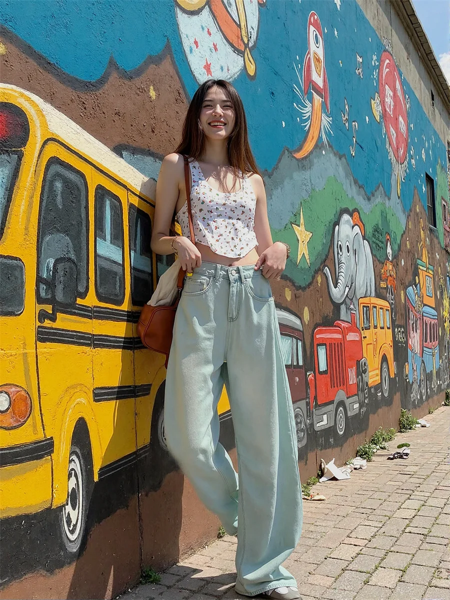 Damskie jeansy z szerokimi nogawkami, postarzane, z panelami, plisowane, łączone, w stylu koreańskim, eleganckie, drapowane, o długości do podłogi, typu barrel.