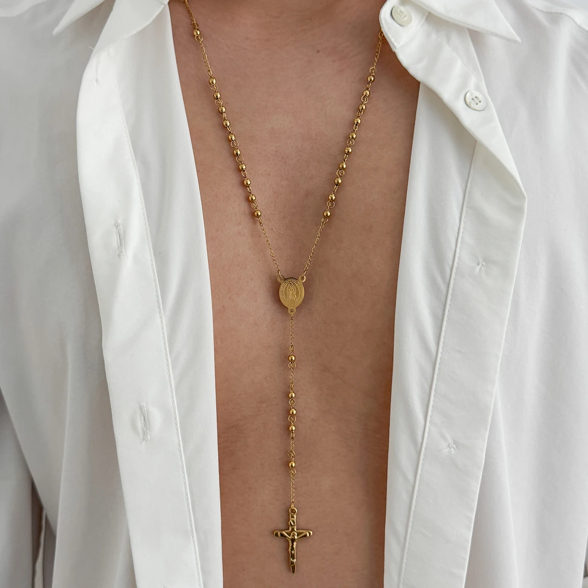 

SHIXIN 6 Styles Gothic Stainless Steel Jesus Cross Long Pendant Necklace for Men Hip Hop Bead Chain Necklace Waterproof Jewelry
