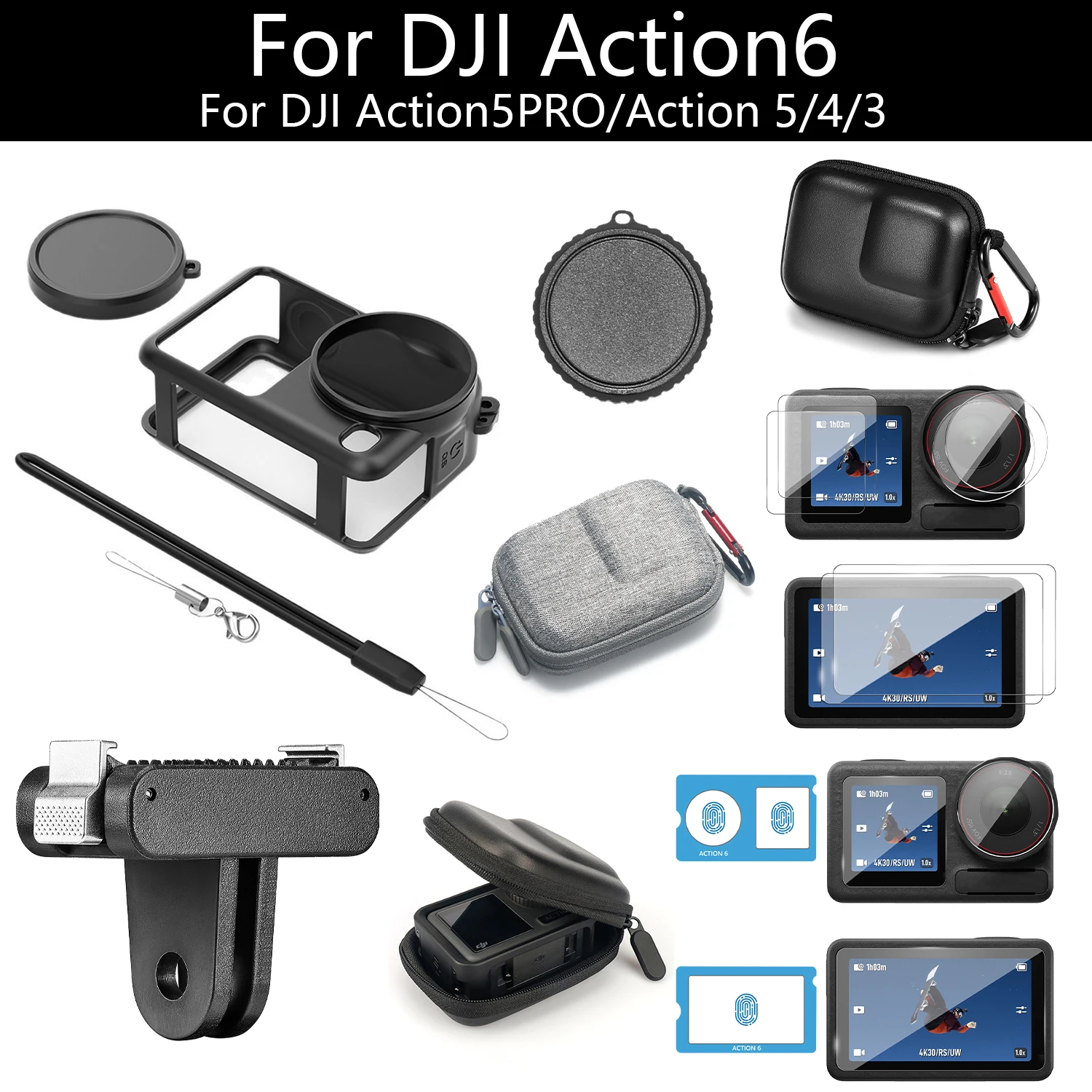 Action Camera Protector Kit For DJI Osmo Action 6 5 Pro 4 3 Silicone Case Lens Cap Screen Protector Mini Storage Bag Set