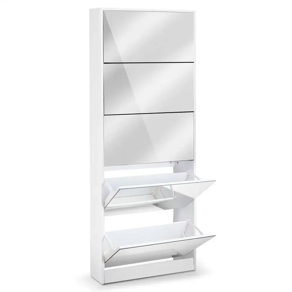 Mirrored Shoe Cabinet Storage 5 Drawers Shelf White