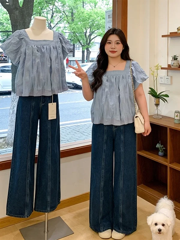 

Korean Style Anti-Aging Large Size Women's Summer New Folded Square Collar Short Sleeve Top Wide Leg Jeans Two-Piece Set