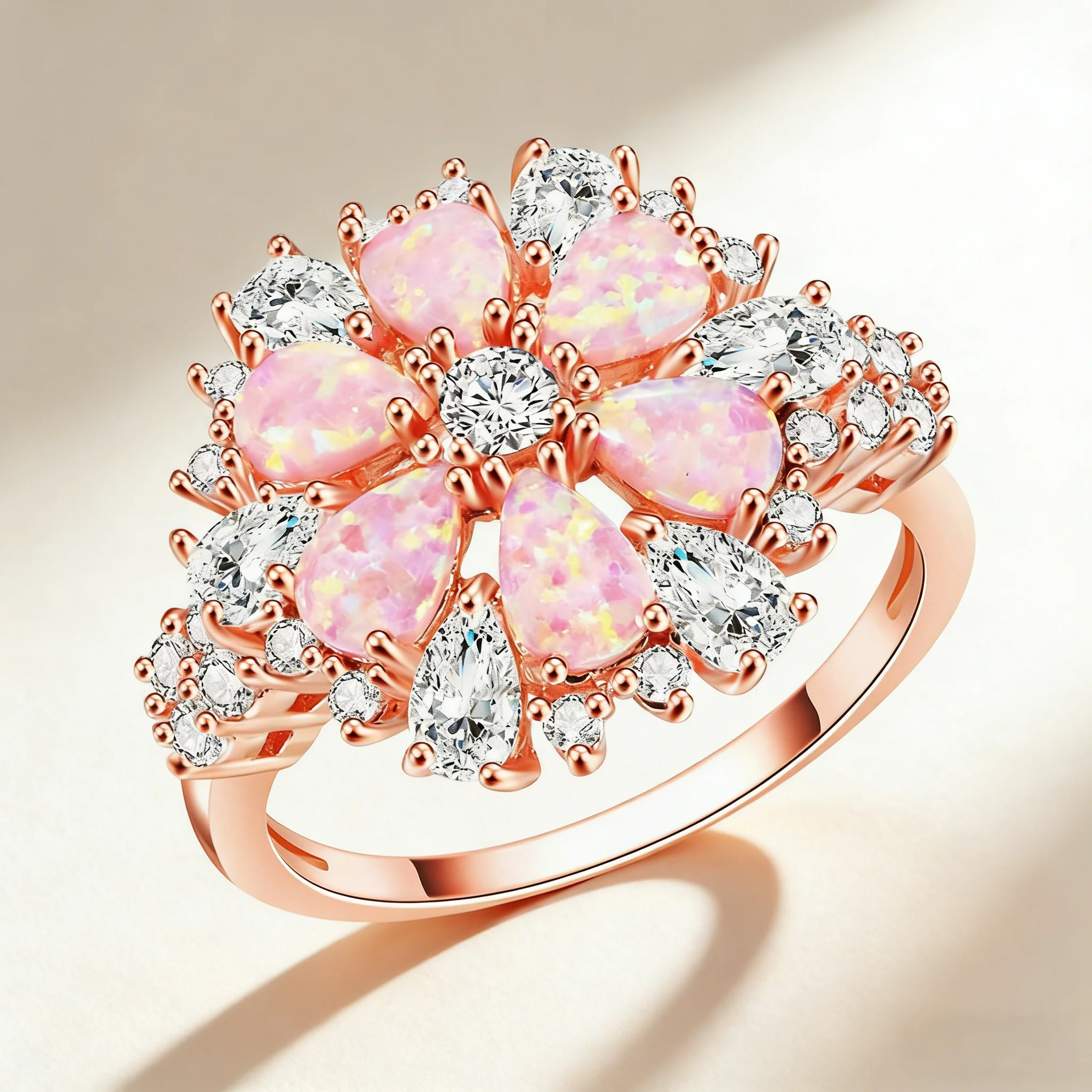Anillo de circonia cúbica de ópalo rosa con flor de lujo para mujer, alianza de boda chapada en oro rosa, el mejor regalo para niñas