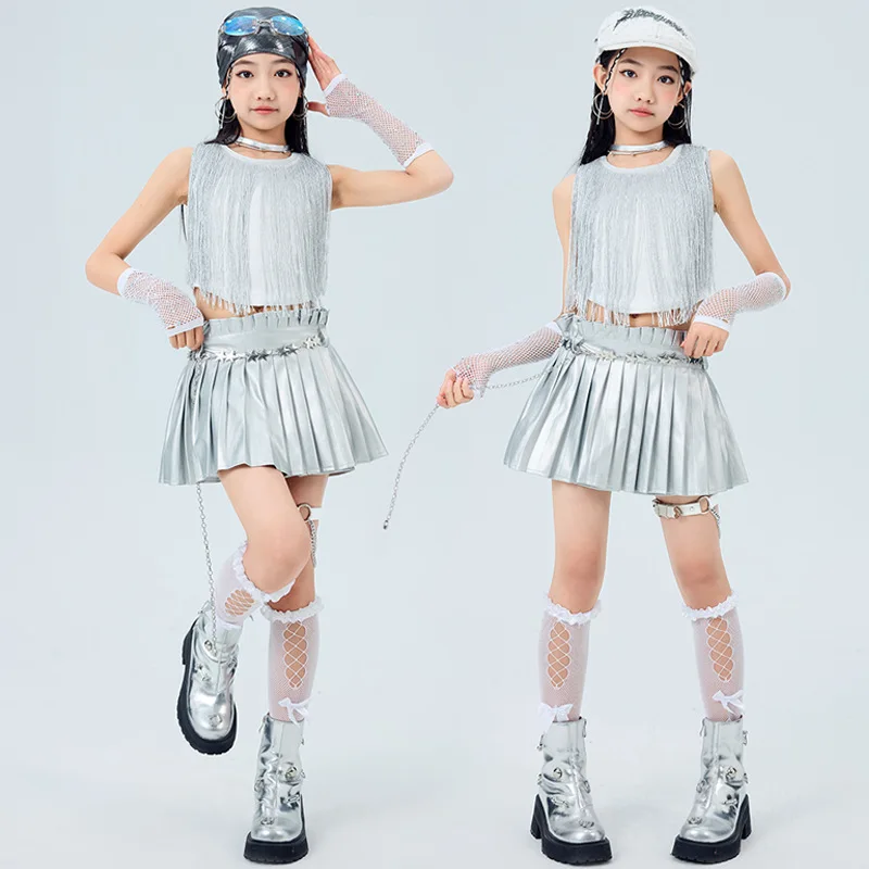 Mädchen K-pop Sets Weiß Quasten Crop Top Street Dance Kinder Hip Hop Jazz Silber Röcke Kleidung Kinder Streetwear kostüm