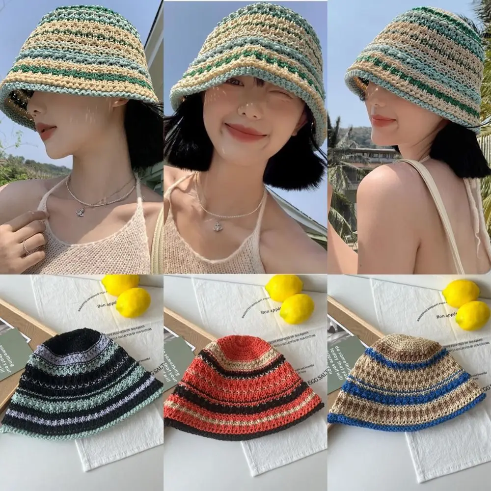 

Fashion Rainbow Striped Fisherman Hat Big Eaves UV Protection Crochet Bucket Hat Multicolor Breathable Straw Bucket Cap Outdoor