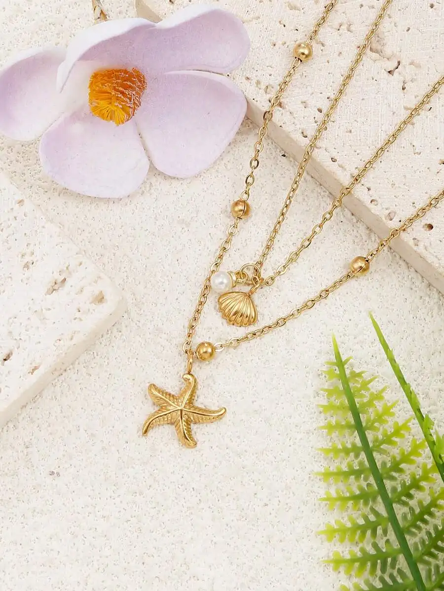 2pcs Seashell Necklace Set For Women Adjustable Starfish Seashell Faux Pearl Pendant Necklace Jewelry For Summer Beach Holiday E view 6