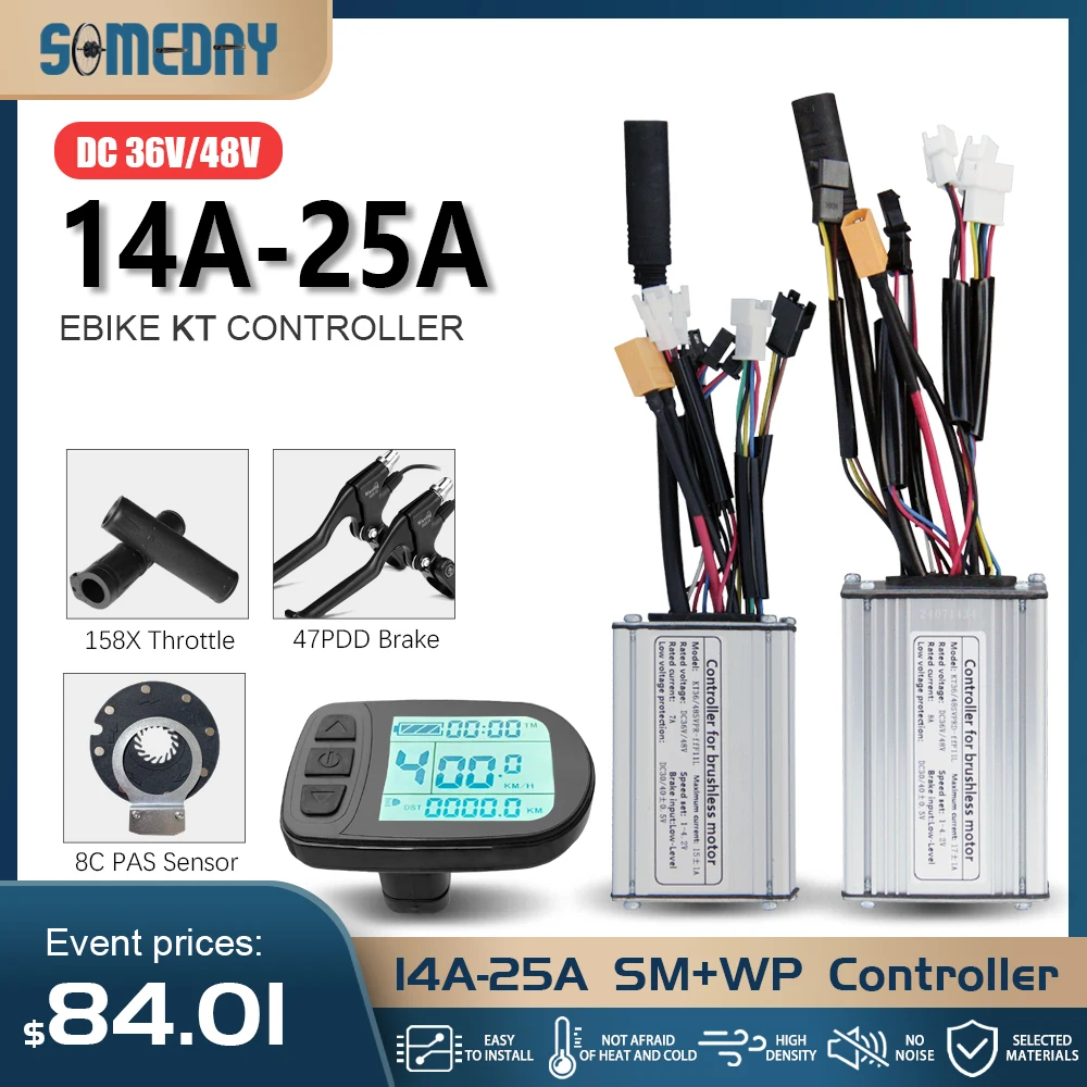 

Контроллер KT для электрического велосипеда 14A 15A 17A 22A 25A Синусоидальный с ЖК-дисплеем 36 В 48 В SM Водонепроницаемый с вилкой освещения