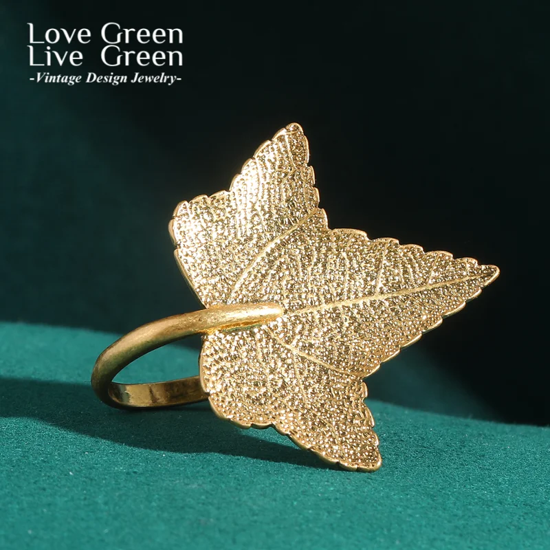 

Vintage Large Real Gold Color Maple Leaf Rings Decoration Luxury Quality Jewelry For Woman Accessories Wedding Valentine Day Gif