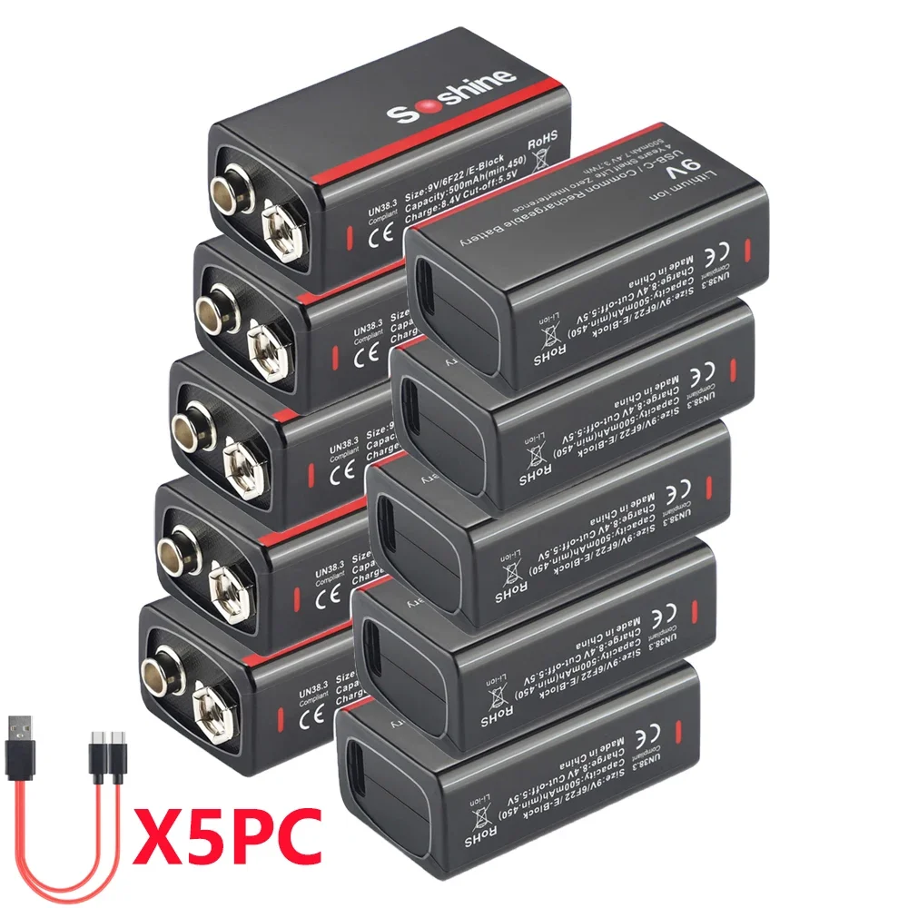 Soshine 500mAh USB-lithiumbatterij 9V 500mAh Lage zelfontlading Li-ion oplaadbare batterij 4 jaar houdbaarheid 4LED Power Display