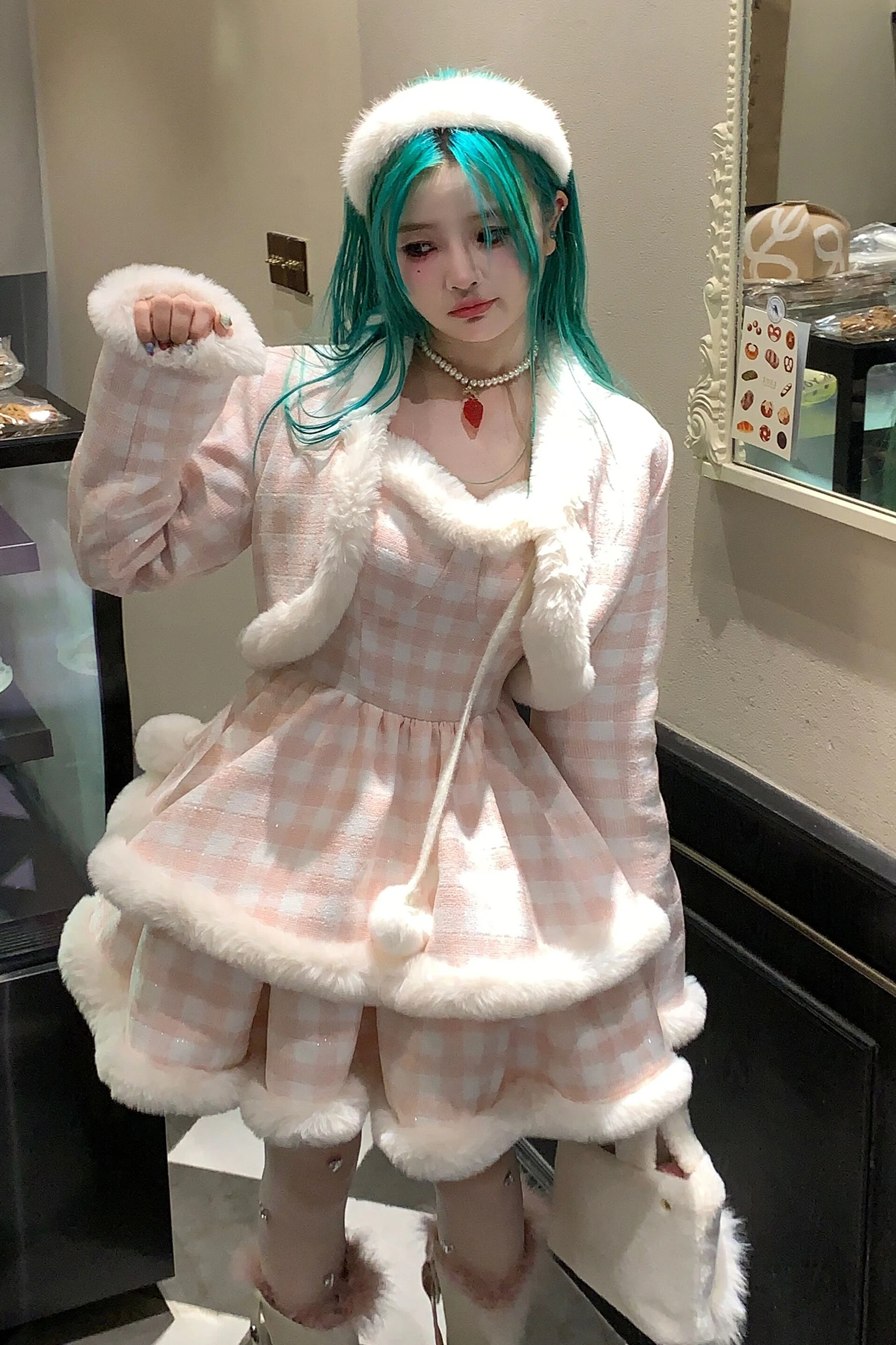 New Winter Sweet Girl\'s Pink Blue Plaid Short Coat Jacket Lolita Fur Patchwork Princess Suspender Dress Two Piece Dress Set