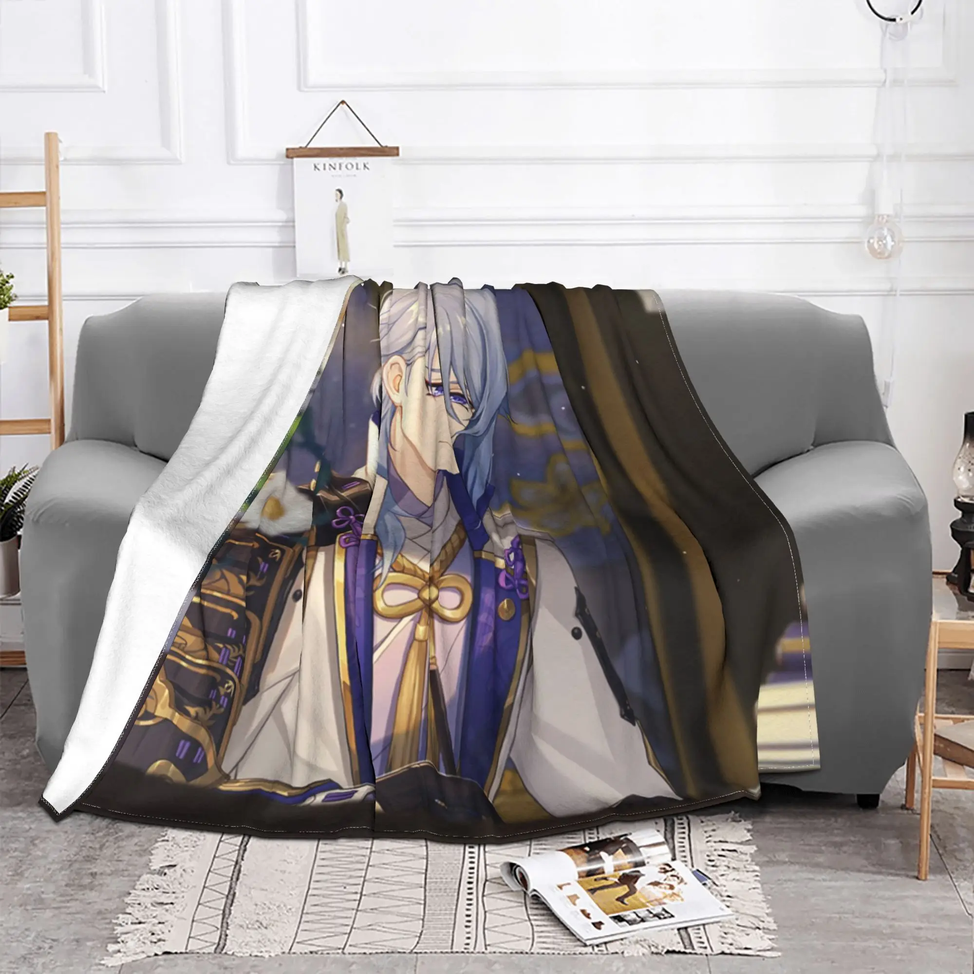 Kamisato Ayato Anime Blanket Cover Fleece Genshin Impact Soft Throw Blanket for Airplane Travel Bedroom Quilt