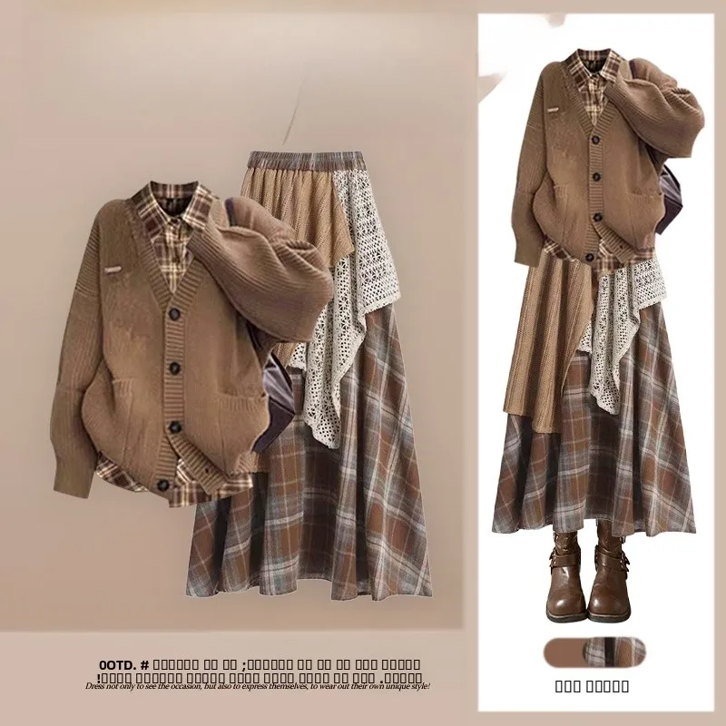 

Осенний женский комплект из футболки Aalyptic Sle, вязаный кардиган-русалка, накрытие, клетчатая юбка irt f-юбка, повседневный ансамбль Faion