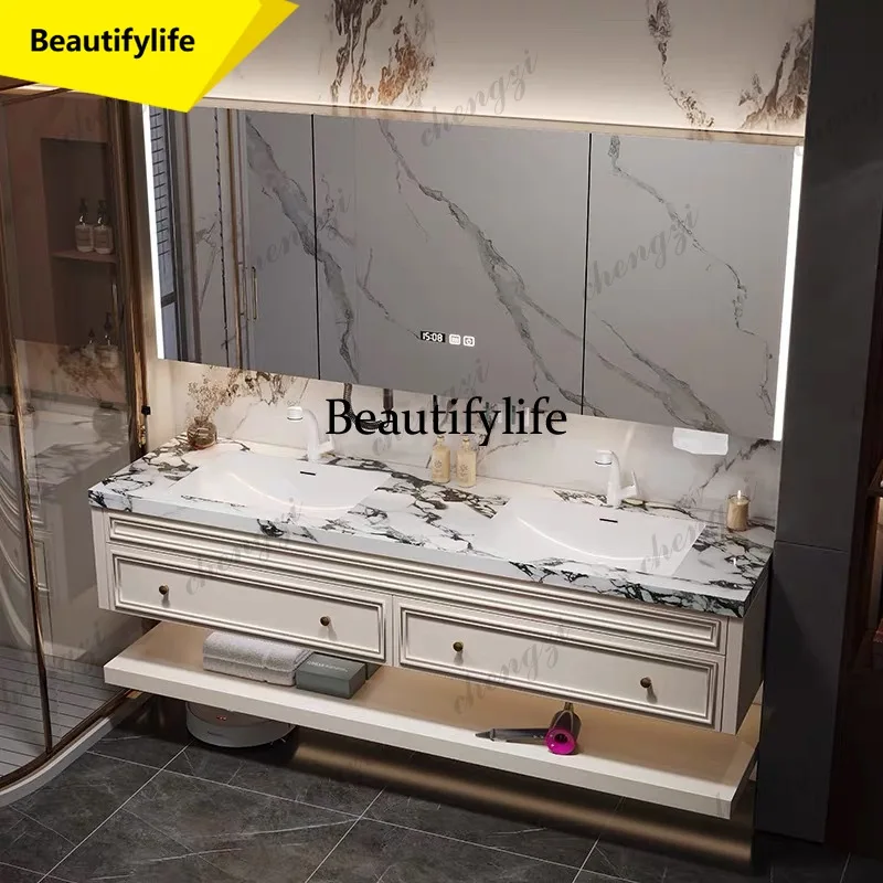 M02 French-Style Seamless Integrated Double Basin Oak Bathroom Vanity Unit with Washbasin And Sink for Enhanced Bathroom Eleganc