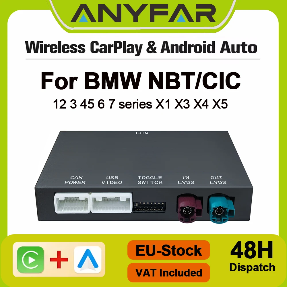 Module CarPlay Android Auto sans fil ANYFAR pour système BMW NBT CIC Série 1 2 3 4 5 6 7 X1 X3 X4 X5 F20 F21 F30 F31 F34 F10 F48 F25 F26 F15 F10 E84 E60 E90 Mini BT GPS Mirror Link Intégration OEM