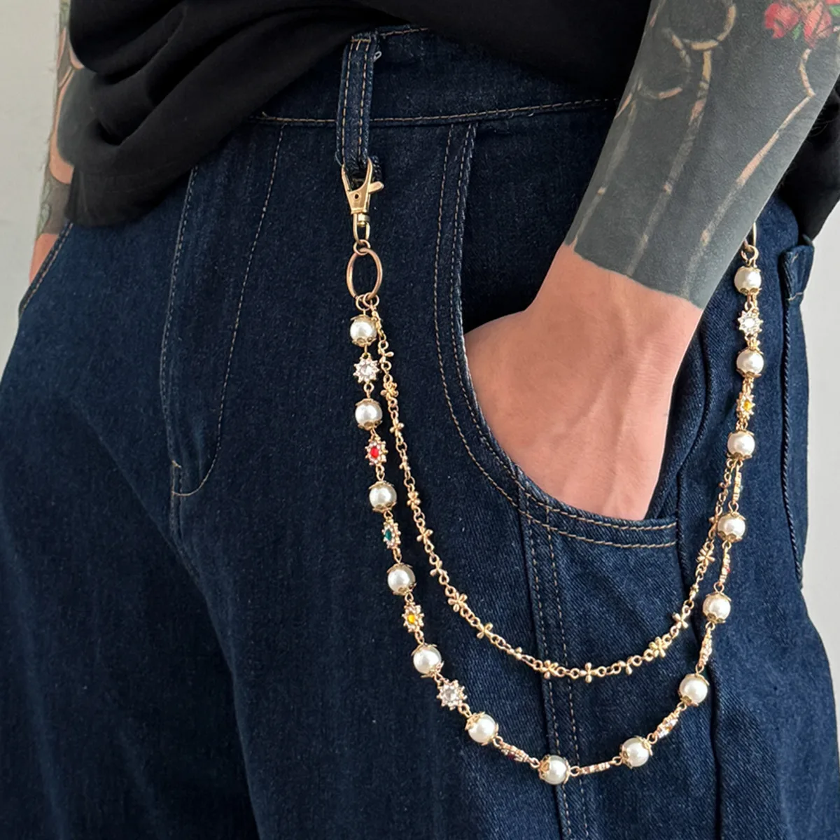 Salircon Trendy Luxus Imitation Perle Acryl Strass Kreuz Kette Schlüsselbund Frauen Hip Hop Brieftasche Jeans Kette Straße Schmuck