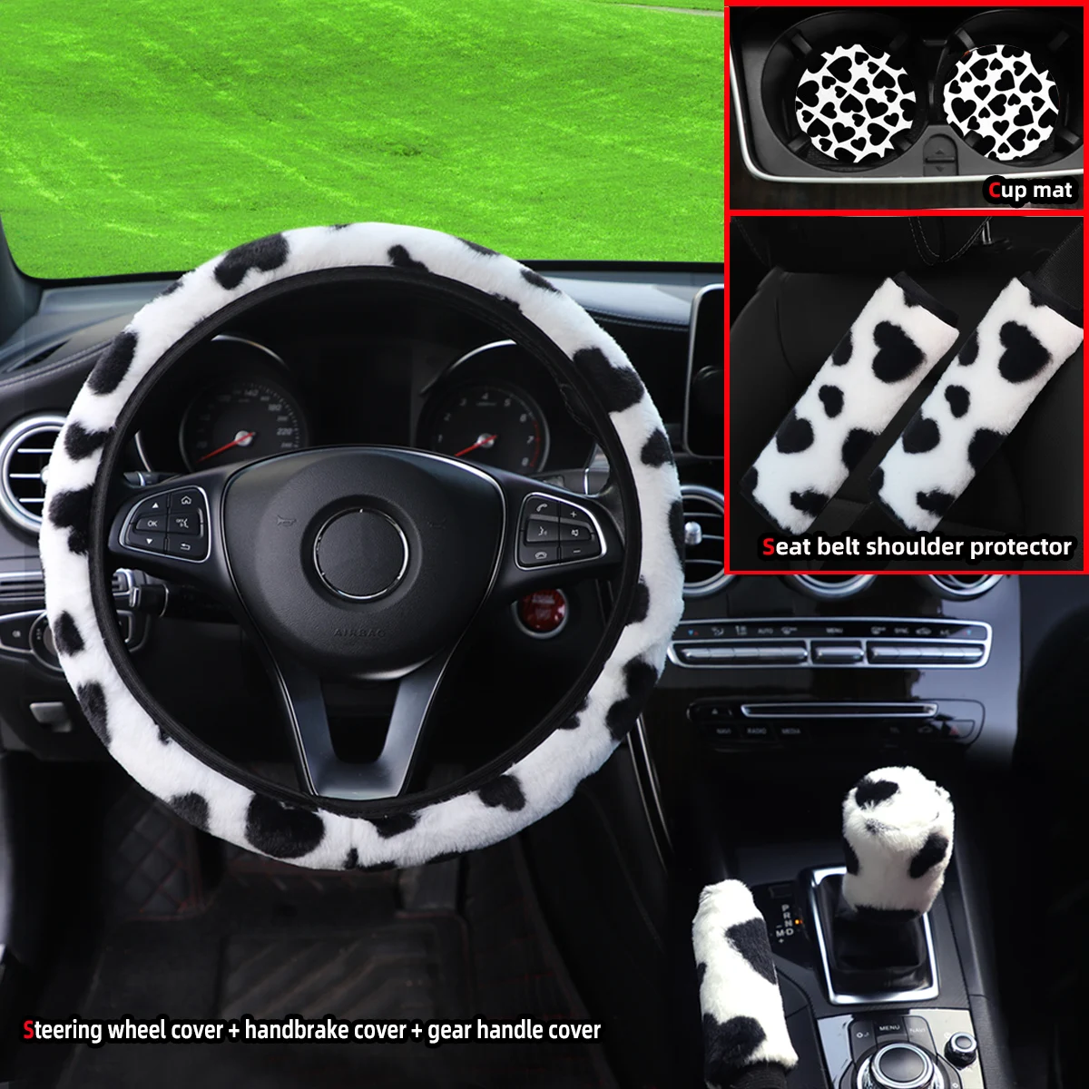 Love Plush 7-piece Car without Inner Ring Steering Wheel Cover Shoulder Cover Handbrake Cover Cover Handle Cover Accessories