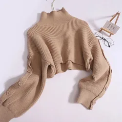 YuooMuoo Chic Fashion Cropped Sweater Tops Women Buttons Long Sleeve Ribbed Knitted Sweaters Warm Turtleneck Pullover Shawls