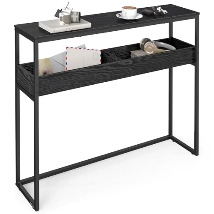 

2-Tier Entryway Table Narrow Console Table Semi-Open Compartments 9.4 x 39.4 x 31.5 Inches for Hallway Living Room Ebony Black