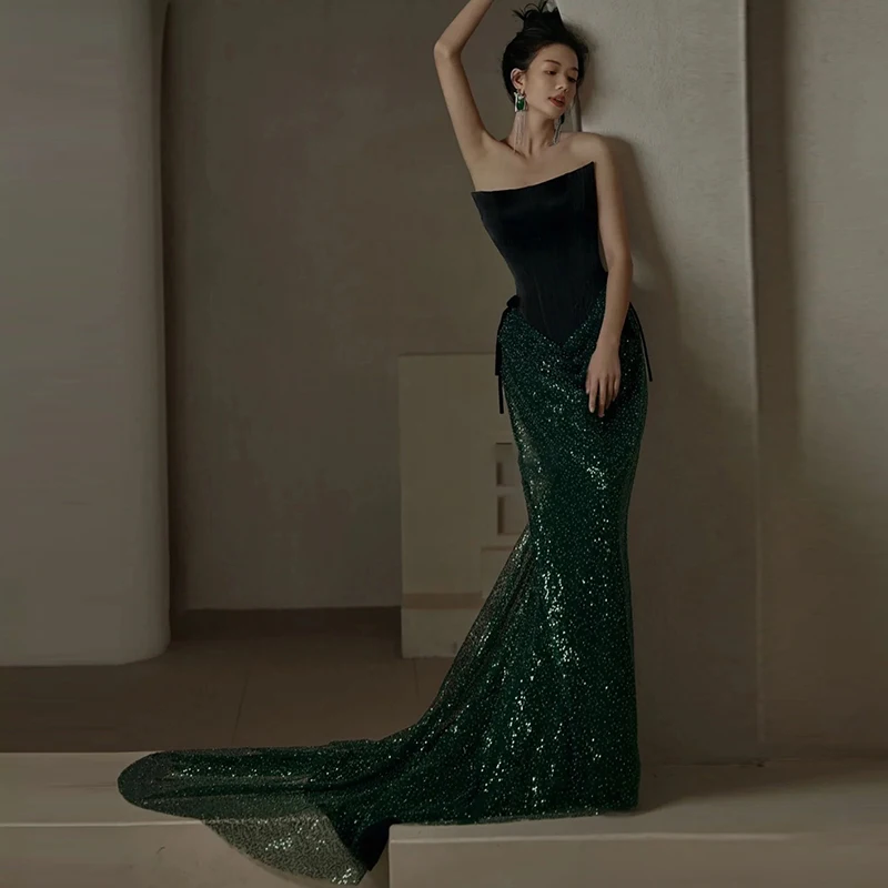 ชุดราตรีงานแต่งงานหรูหราสไตล์เกาหลี Ele Fi Tail พร้อมกระโปรงยาวประดับลูกปัดสำหรับงานเลี้ยงและงานแสดง