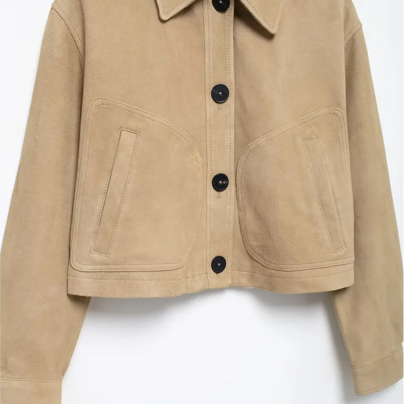 TRAF Outerwears Cropped Suede Jacket Women Autumn Button Short Solid Coats Casual Long Sleeve Demi-Season Jacket New In Coats