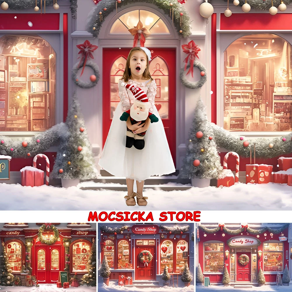 

Mocsicka Winter Christmas Backdrops for Photography Candy Shop Red Door Wreath Snowfield Xmas Tree Girl Photo Backgrounds Studio