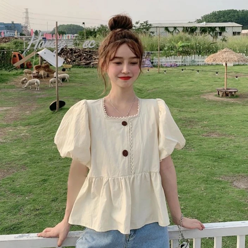 

Korean Loose Contrast Patchwork Blouse Summer New Trend Short Sleeve Solid Youth Sweet Shirt Tops Fashion Elegant Women Clothing