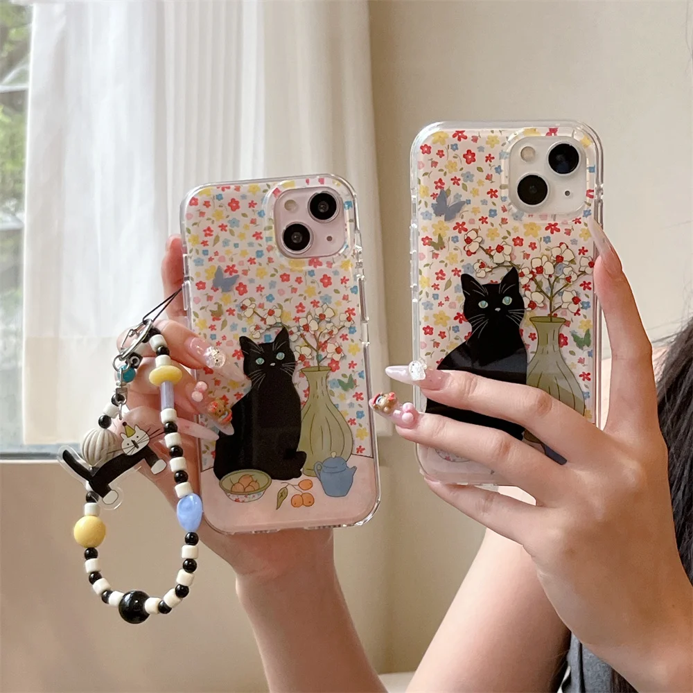 

Cute cartoon garden cat phone case, suitable for iPhone 16 Pro 15 13 14 Pro Max luxurious anti drop bracelet phone case