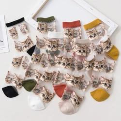 Women Transparent Cute Cat Socks Korean Fashion Ladies Summer Thin Crystal Silk Socks JapaneseTrendy Kawaii Glass Fiber Socks
