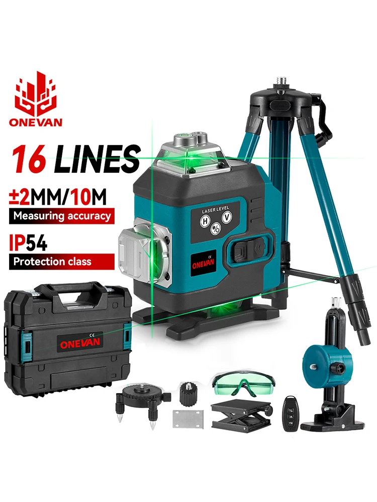 ONEVAN 16 Linien 360 °   Green Line Laser Level Horizontale vertikale selbstnivellierende superstarke Laser Level mit 1-Meter-Stativ