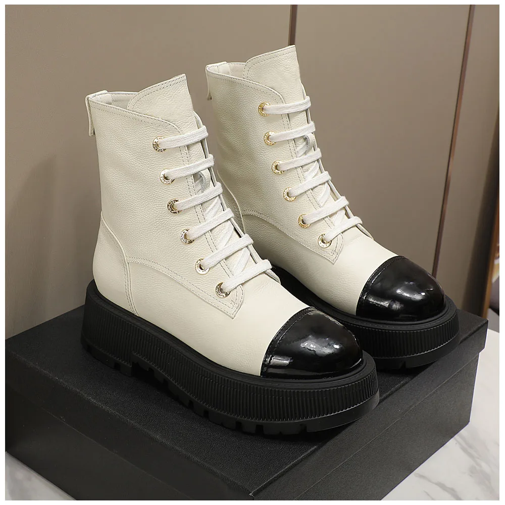 Botas de piel auténtica para mujer, zapatos informales de piel de vaca de alta calidad con fondo grueso, Otoño e Invierno