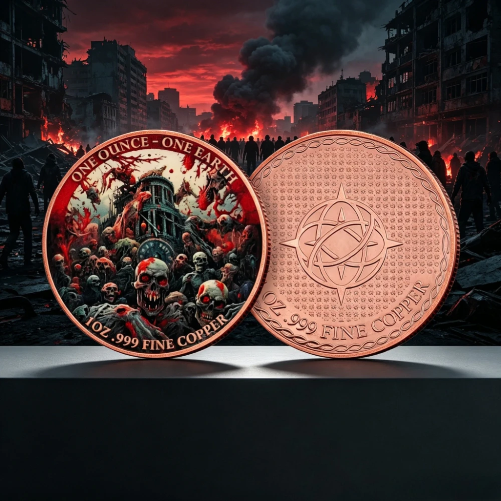 1oz .999 Fine Copper Zombie Apocalypse Coin One Earth Horror Skull Color Print Challenge Coin Collectible Halloween Gift