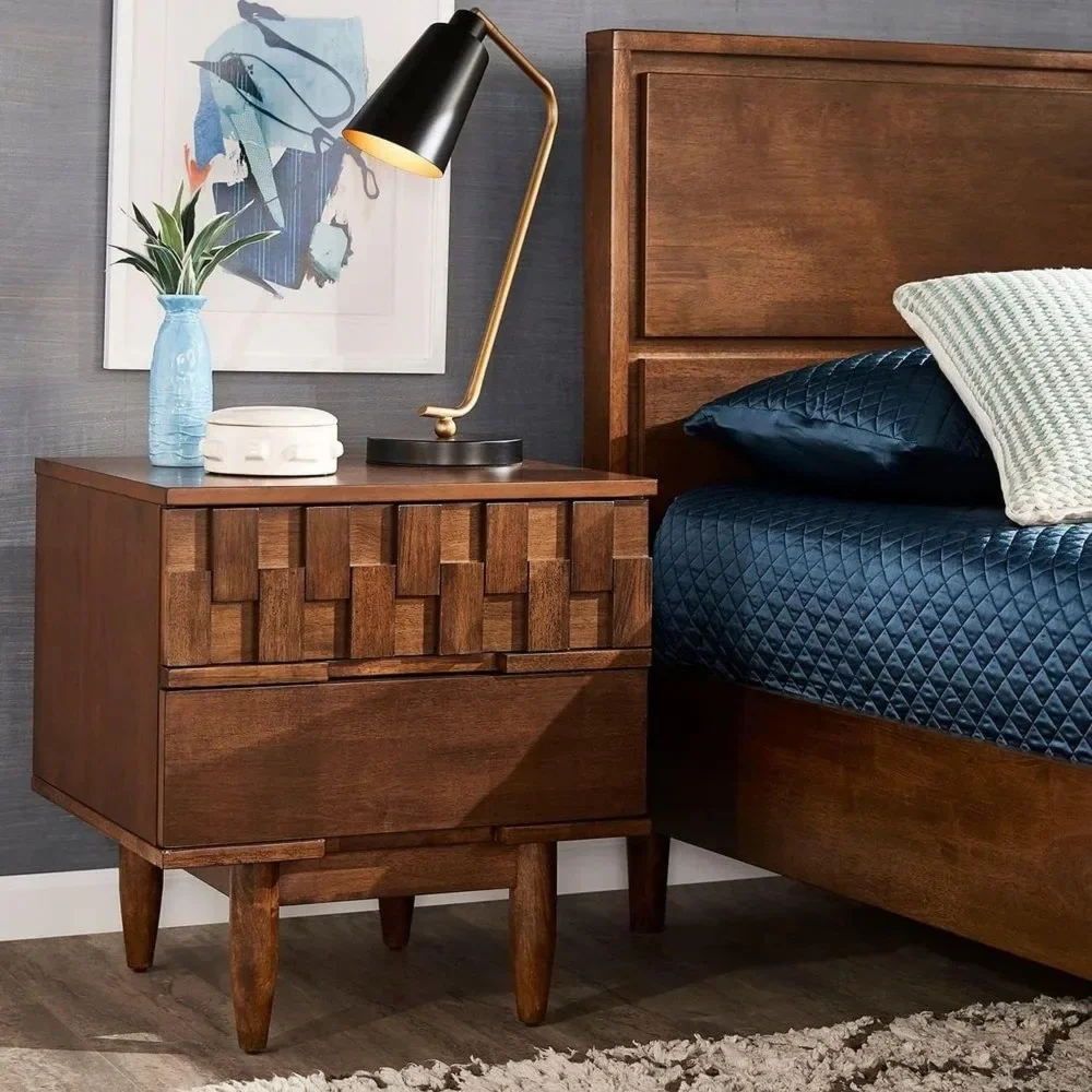 Medieval Modern 2-Drawer Bedside Table, Retro Style and Modern Functionality, Bed Table Organizer Provides Two Storage Drawers