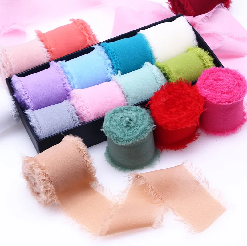 

3Rolls Chiffon Ribbon Craft Box Hand Torn Pearl Chiffon Selvage Webbing Wedding Bouquet Tie Fabric Party DIY Decoration Ribbon