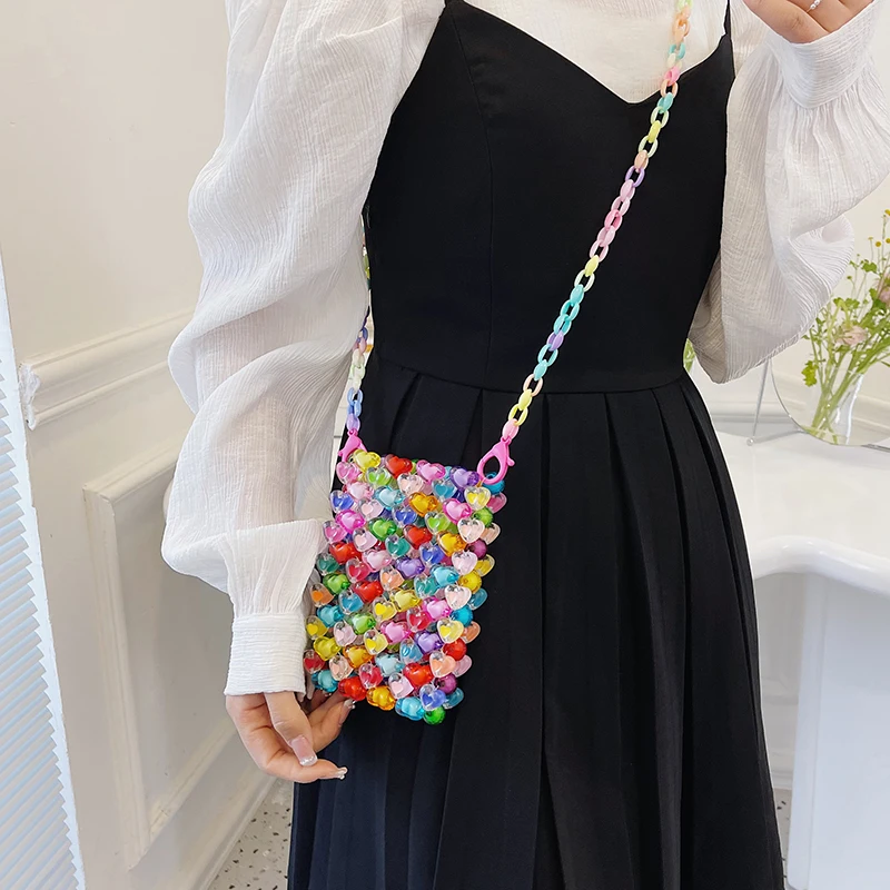 Mobile phone bag Summer woven crossbody bag Colored bead women\'s bag 2023 fashion samll Candy color shoulder messenger bag