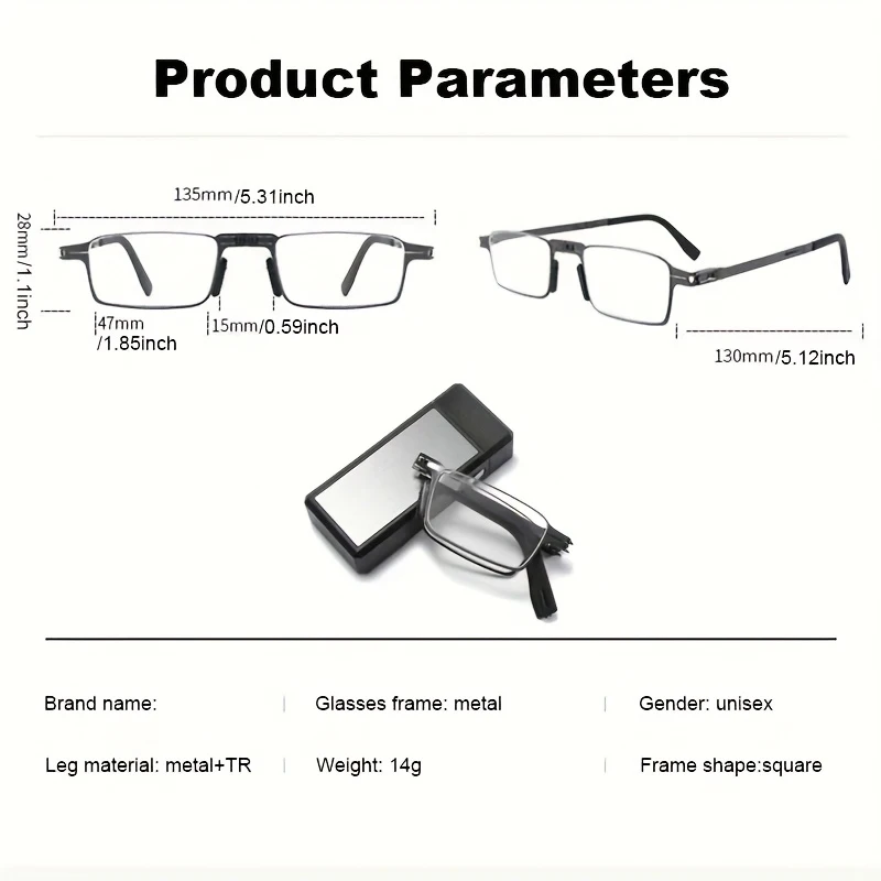 1 tragbare faltbare Lesebrille, Rahmen aus Eisenlegierung, lässiger Stil, mit Schutzhülle, mit Stärke für Männer und Frauen, für Com – Detail 2