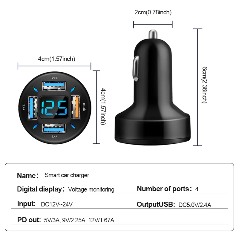 66W USB Car Charger PD QC3.0 Fast Charger with Voltmeter Cigarette Lighter Socket Power Adapter For iPhone 11 12 Samsung Xiaomi