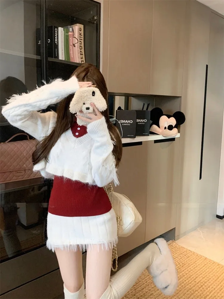 

Grey Embroidered Sweater Three-Piece Set Women's Fashion Spring College Style Knitted Wear under Skirt Bodycon Dress