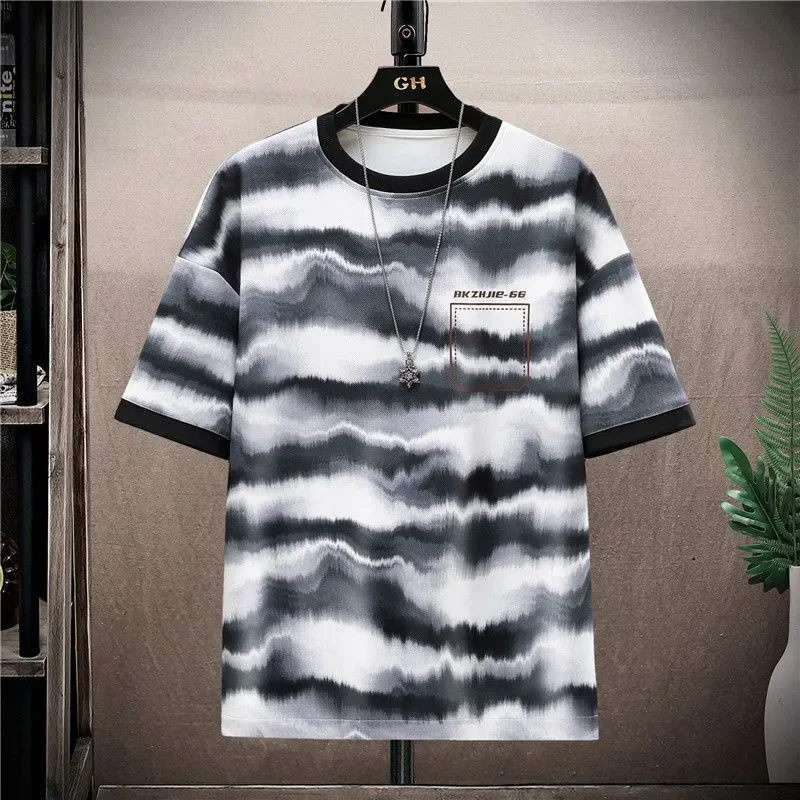 Teenage Summer Boys New Short-sleeved Loose Casual Fashion Printed Striped T-shirt
