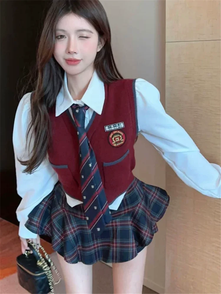 Preppy Style Spice Girl Fashion 2 Pieces Matching Sets Y2k White Shirt&Short Knit Vest&Plaid Mini Shorts Skirt 3pc Uniform Suits