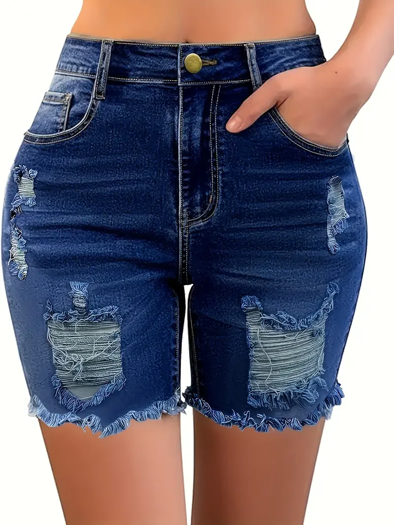 Women High-waisted Denim Shorts, Raw Hem Ripped Denim Shorts, Casual Summer Chic Dark Blue