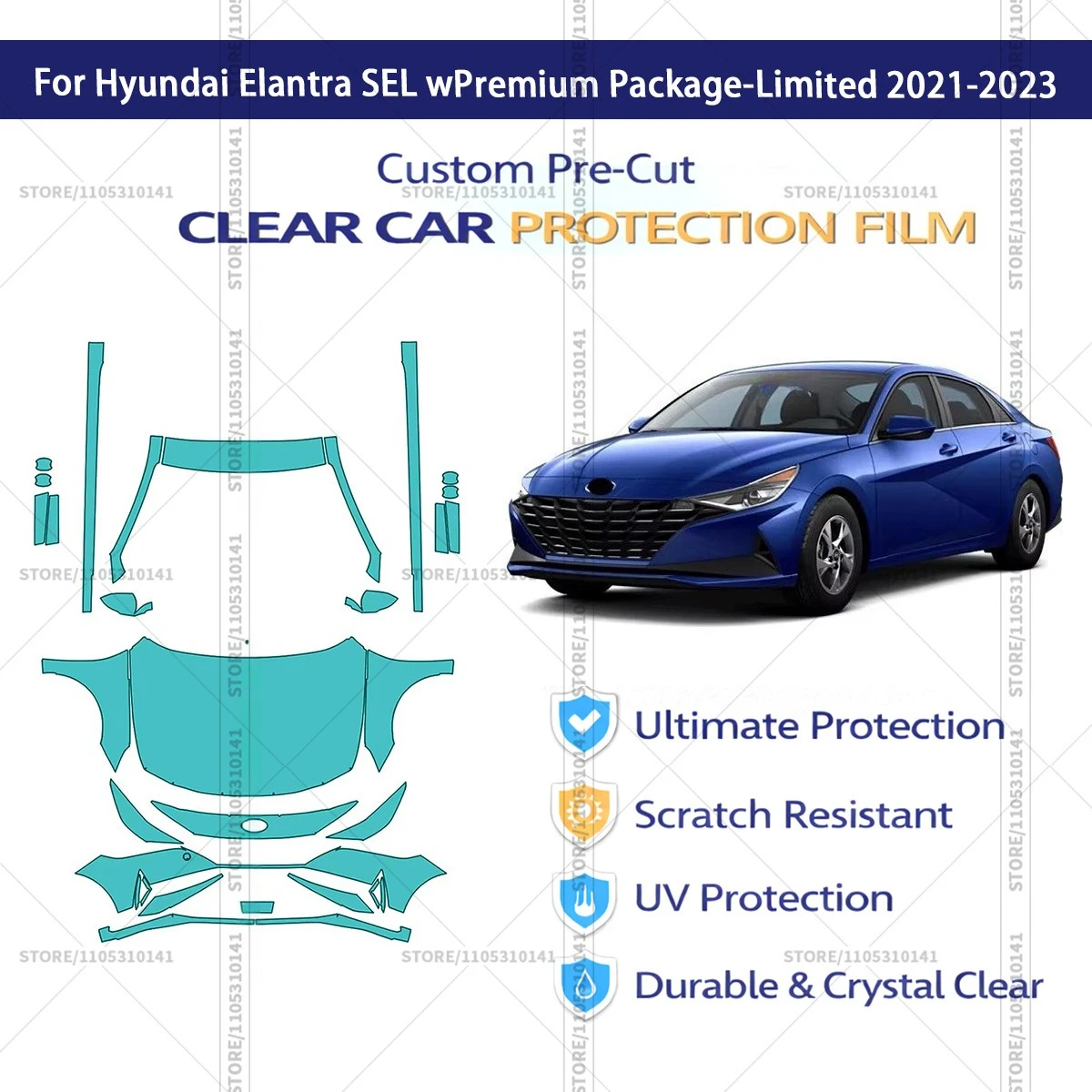 Pre-Cut Paint Protection Film PPF Transparent Car Film Automotive PPF For Hyundai Elantra SEL wPremium Package-Limited 2021-2023