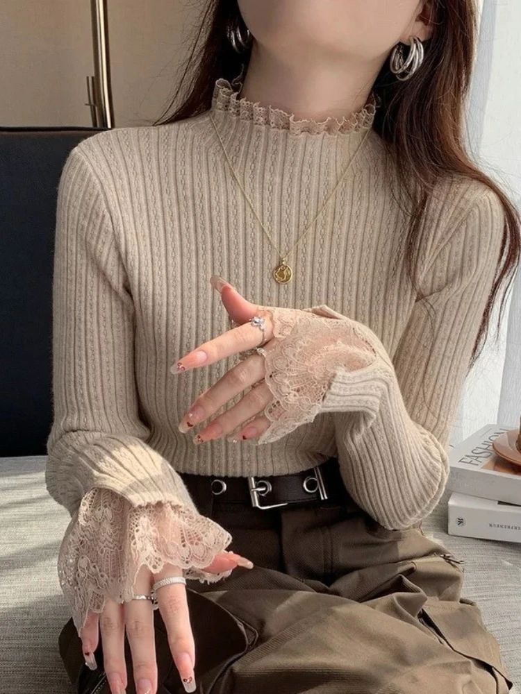 2026 Autumn Winter Turtleneck Skinny Elastic Knitted Pullovers Women Solid Tops Female Long Sleeve Knit Patctwork Lace Sweater