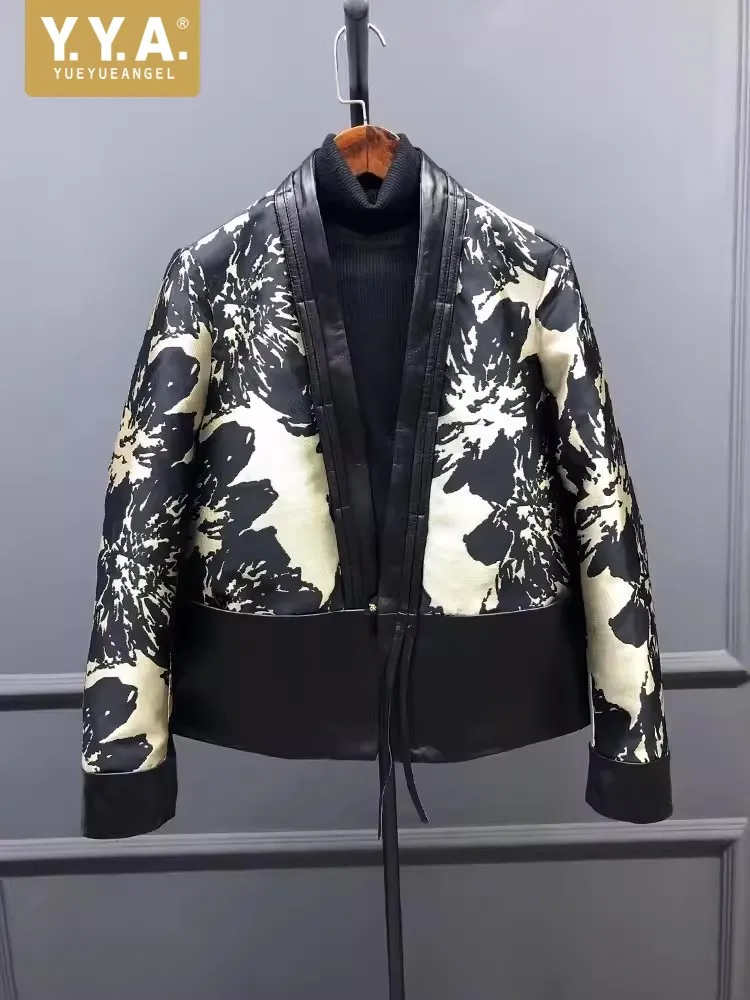 New Chinese Style Printed Patchwork Elegant Women Sheepskin Genuine Leather Jacket V-Neck Spring Autumn Office Ladies Short Coat