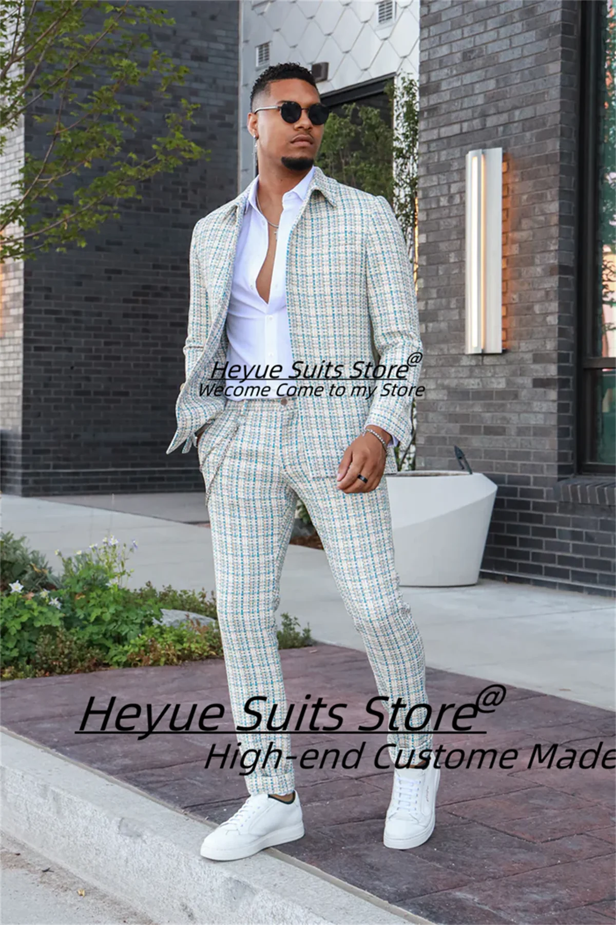 

Классический итальянский стиль, модные клетчатые мужские костюмы, индивидуальные облегающие смокинги с воротником-стойкой для жениха, вечерние комплекты из 2 предметов, мужские пиджаки для выпускного вечера