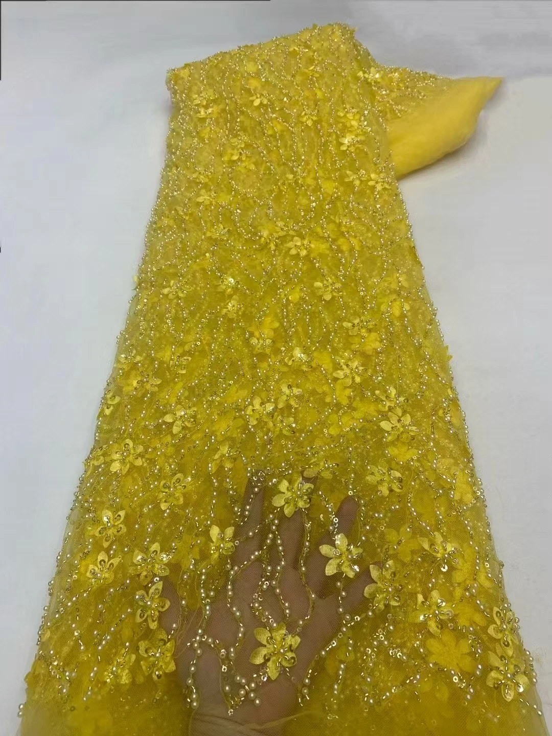 

New Design Yellow 3D Flowers Heavy Beads Sequins French African Lace Fabric 2025 High Quality Nigerian Mesh Lace Fabric KXX25130