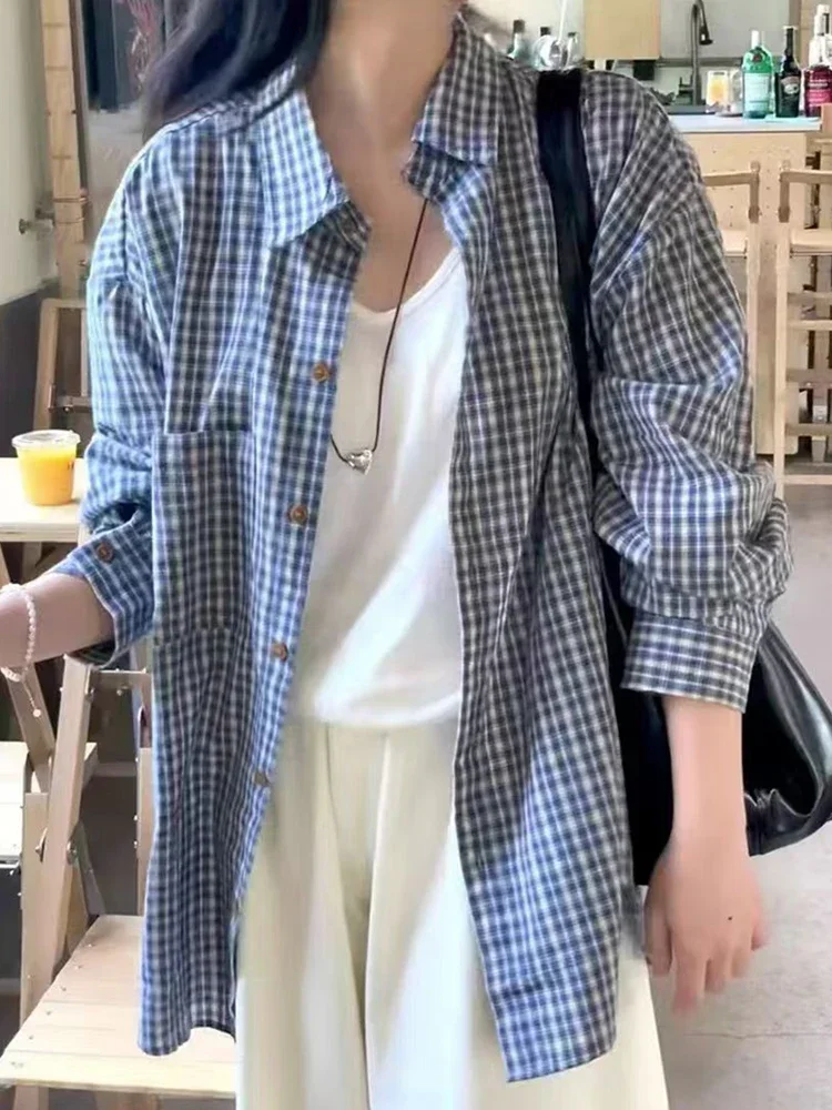 

Синие клетчатые рубашки в стиле ретро, женские свободные корейские блузки в консервативном стиле, повседневные винтажные карманные женские универсальные топы с длинными рукавами, новые