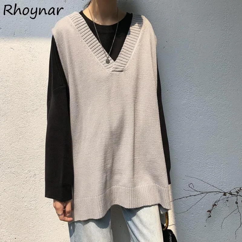 Solid Sweater Vest Women Korean Style Basic Clothes V-neck Side-slit Baggy Slim Chic Casual All-match Lazy Classic Spring Cozy