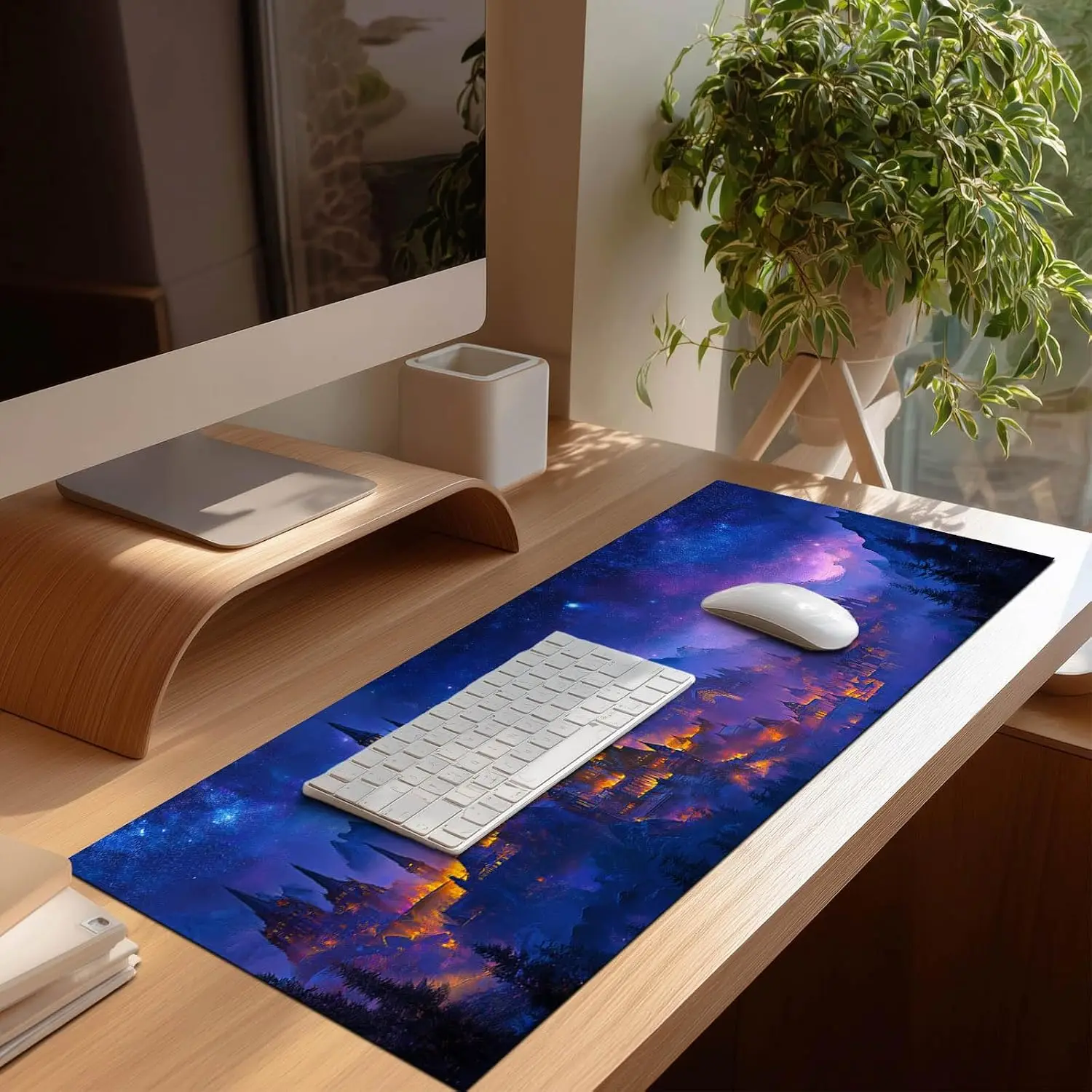 Galaxy Night Castle Gaming Desk Pad, Enchanted Glowing Magic Fortress Scenery Design, Non‑Slip Mouse Mat For Laptop PC Home
