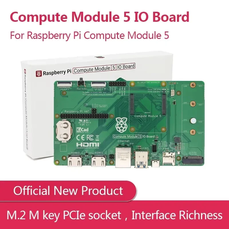 Official Raspberry Pi Compute Module 5 IO Board RPI CM5 Expansion Board M.2 M key PCIe socket, Interface Richness