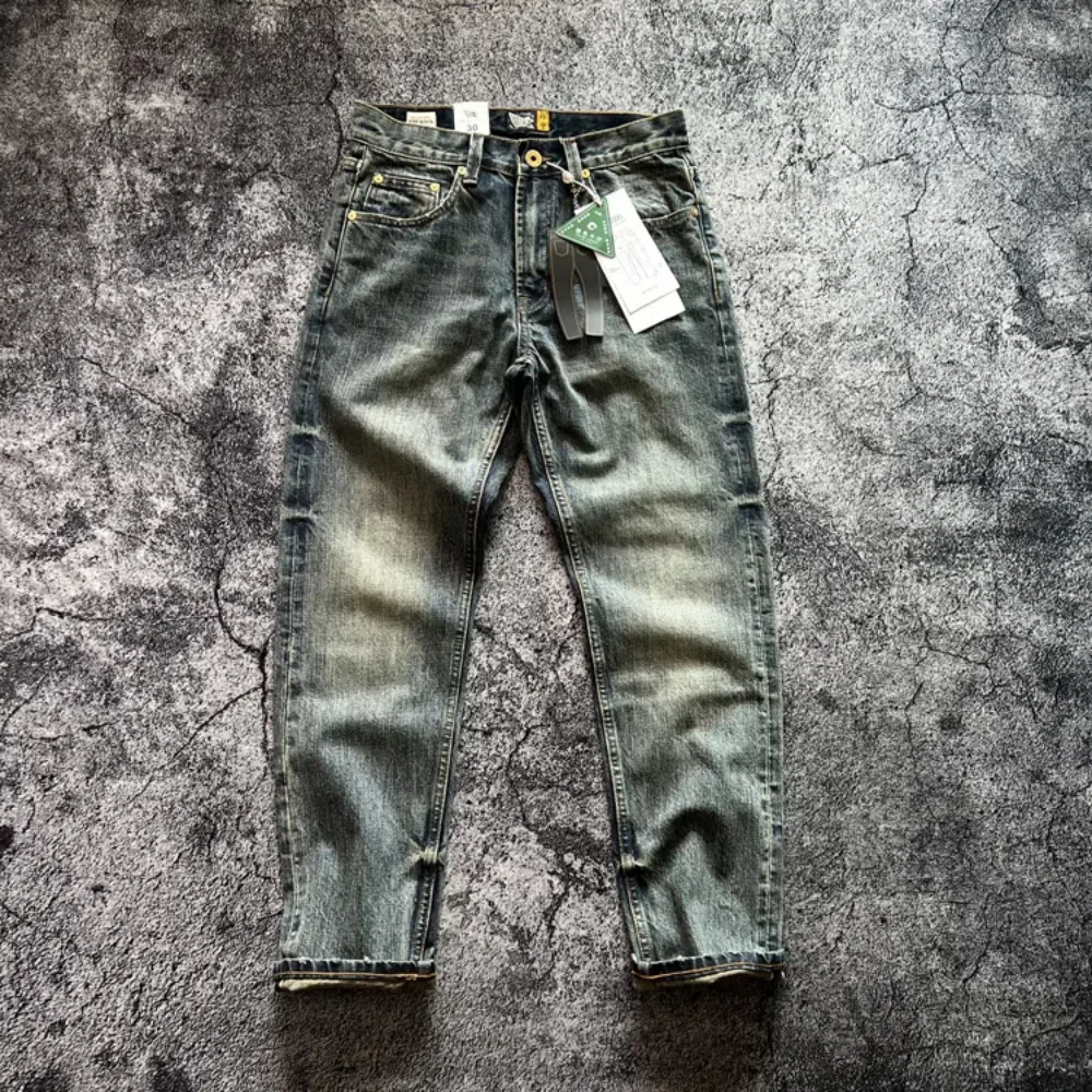 

High-end American heavy tannin cotton red gray blue vintage wash straight leg denim pants men