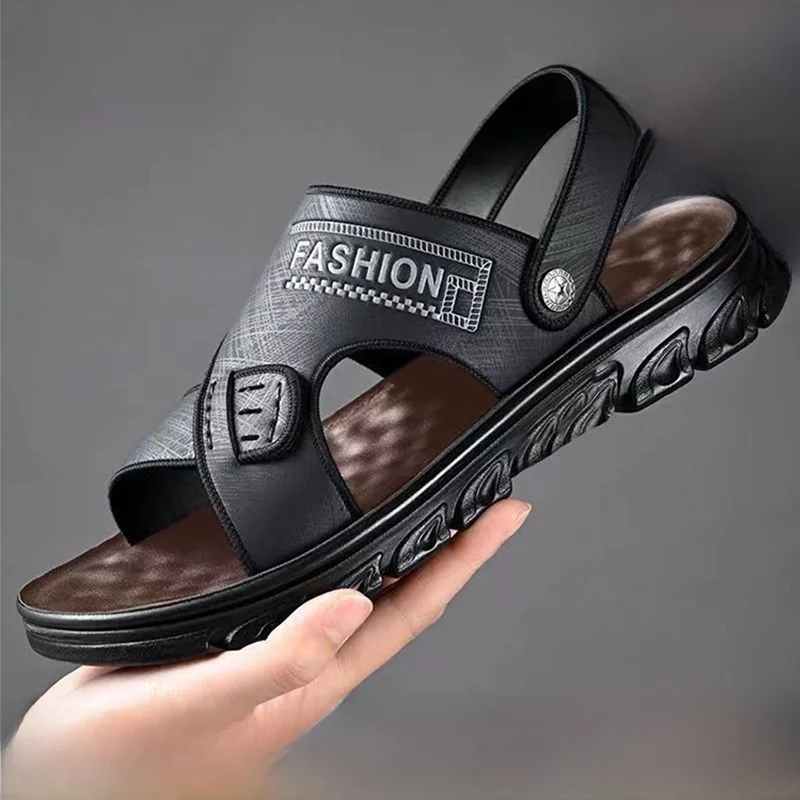 Men's Sandals Summer New Leather Surface Casual Beach Shoes Soft Bottom Anti-slip Dual-use Middle-aged Slippers Driving